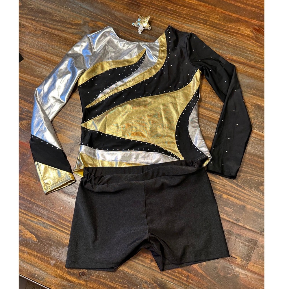 IEFIEL Gymnastics Leotard Set Gold Silver Black‎ Metallic Rhinestone Size 12